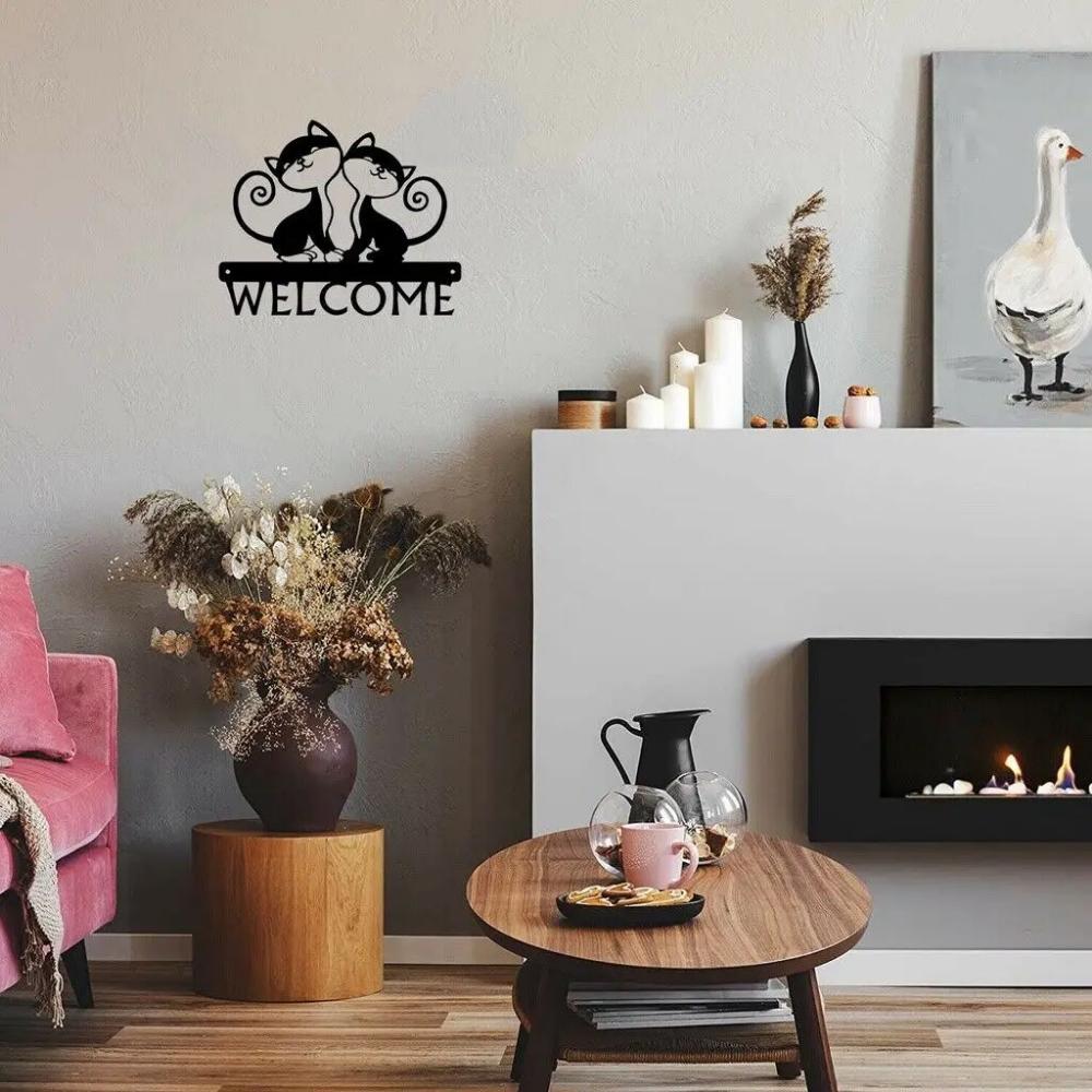 Twin Cats Welcome Sign Wall Stickers Shape Decoration Metal Ornaments Cats Welcome Sign Twin Wall Stickers Metal