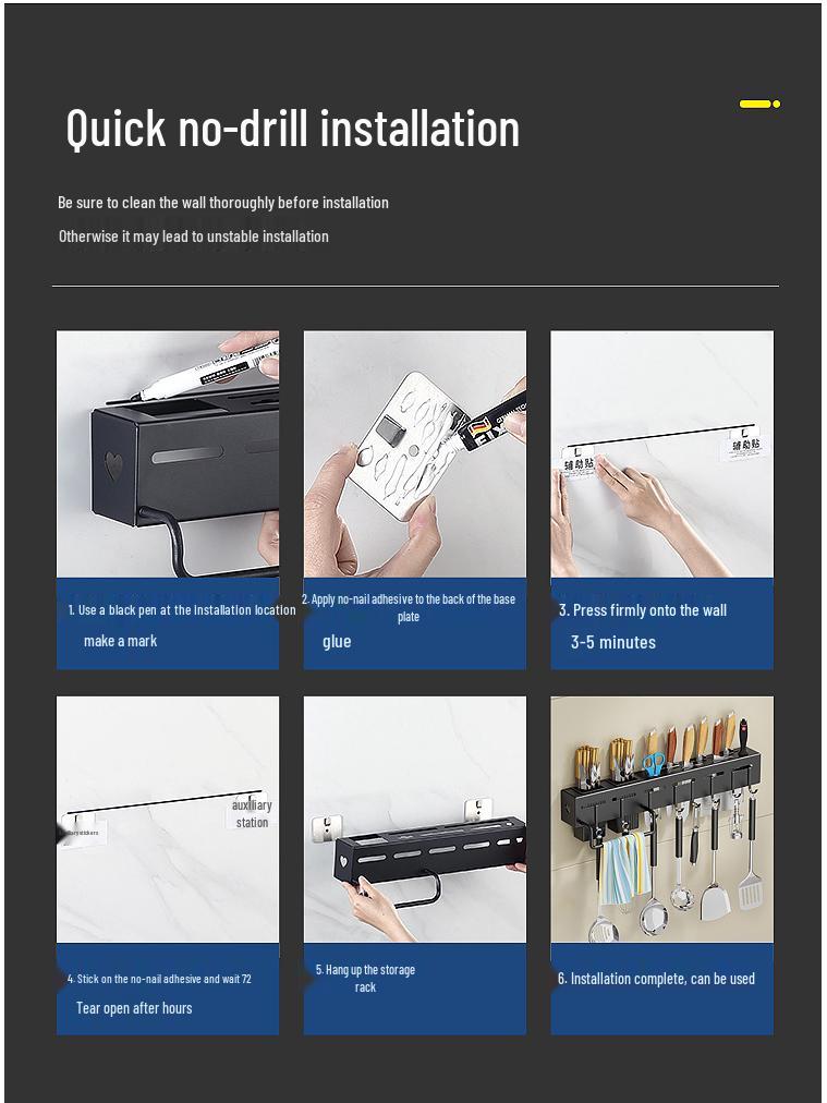 Настенная многофункциональная стойка для хранения ножей и столовых приборов из углеродистой стали, установка без сверления