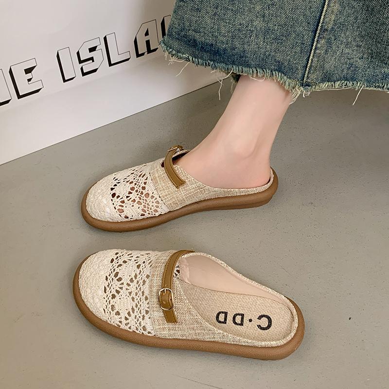 Fashion Shoes for Women 2025 New Breathable Flax Outdoor Women's Slippers Fashion Flat with Baotou Hollow Out Solid Modern Slippers