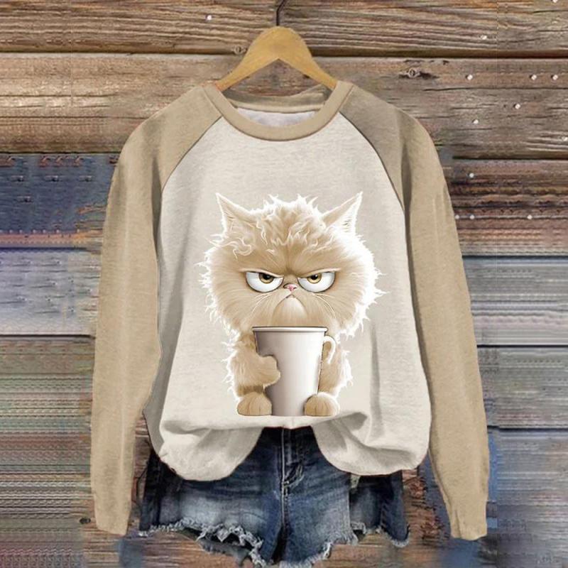 Женские топы с круглым вырезом, забавный милый кот, Повседневная толстовка с принтом Kawaii, пуловер с рисунком животных, женская одежда