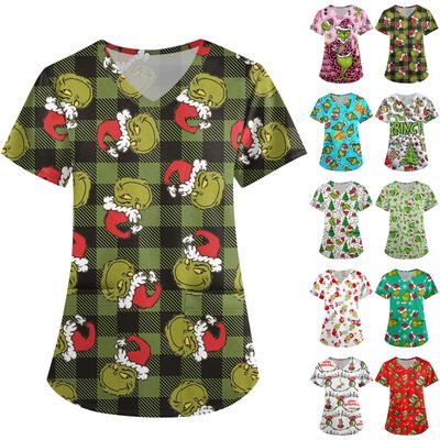 Большой размер Принтованный скраб Рабочая униформа Топы для женских V-образный вырез с запахом Принт Короткий рукав Веселые футболки Рабочая одежда Футболка с карманами