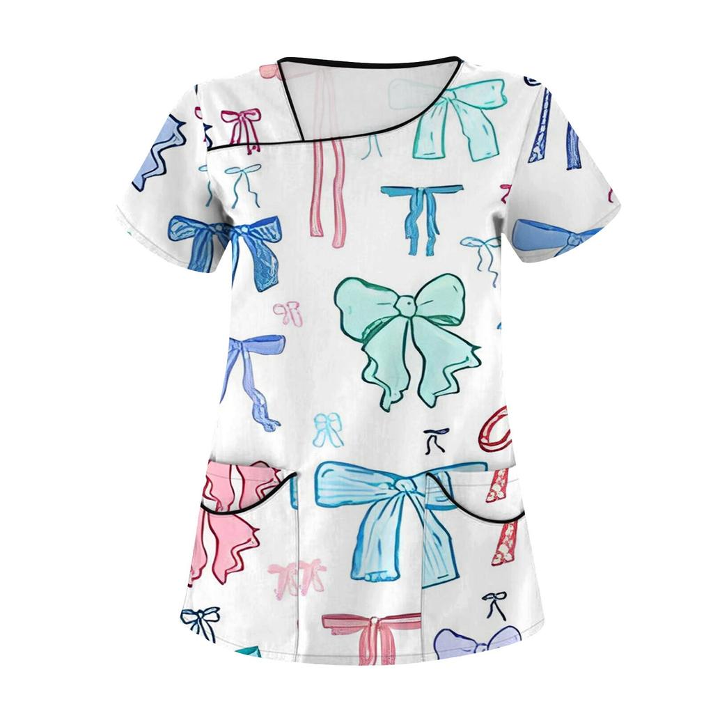 Женская мода с бантом и принтом, короткий рукав, рабочая одежда с двойными карманами