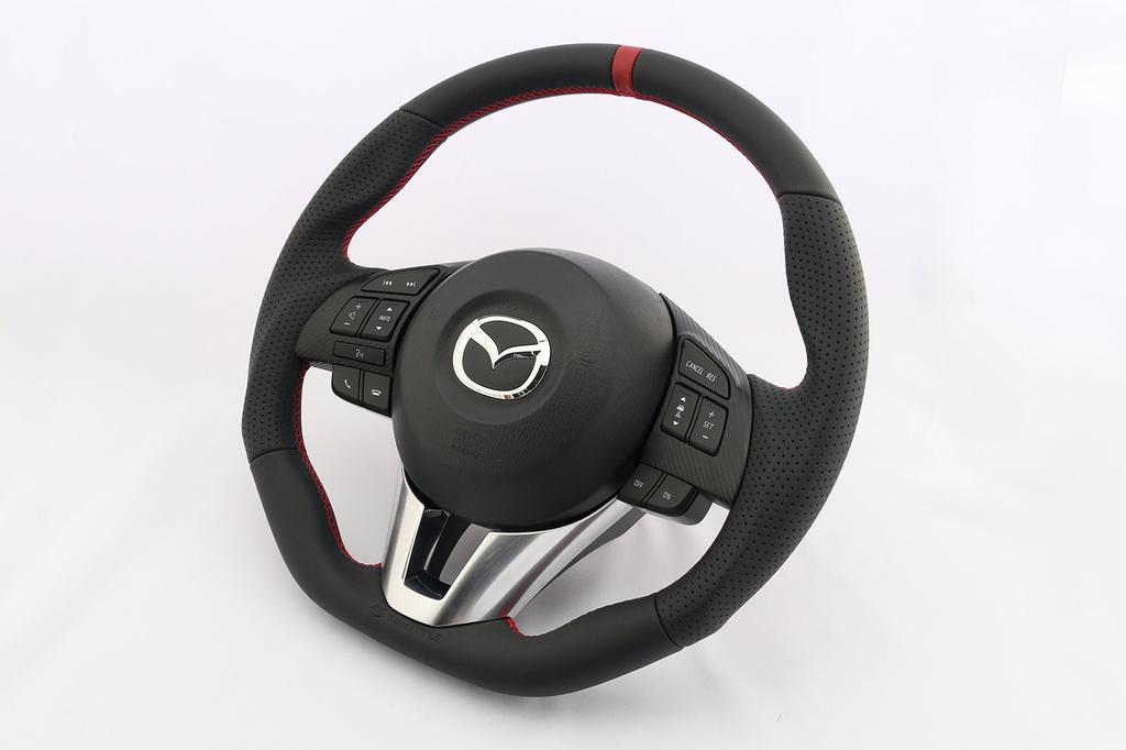 KENSTYLE Original Steering Wheel MA08 for Mazda Axela (BM/BY Series) 2013/11-2016/6, Black Leather with Red Line (Red Stitching), All Nappa Leather