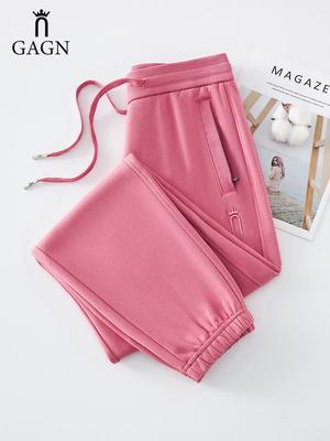 GAGN Женские розовые брюки гаремы с высокой талией и карманами на молнии - Модные весенне-осенние 2025 Хлопок Ins Стиль