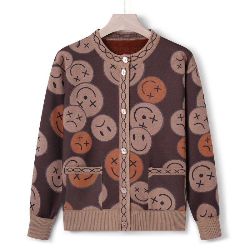 Middle-aged and Elderly Mothers Casual Knitted Sweater Jacket Female Grandma Autumn and Winter Sweater Plush Thickened Top