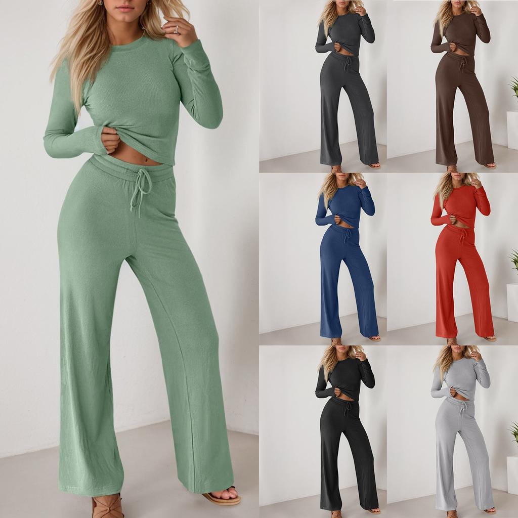 Женская спортивная одежда, повседневный короткий топ, длинные брюки, однотонный комплект из двух предметов, комплект с длинными рукавами