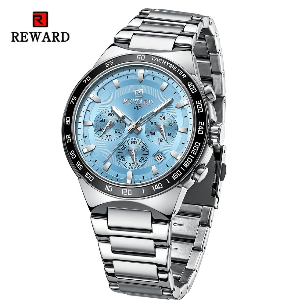 REWARD RD81967M New Men's Blue Quartz Movement Stainless Steel Band Chronograph Fashion Business Watch 30m Waterproof