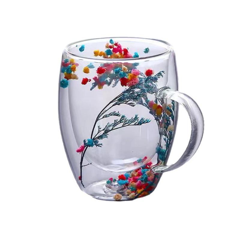 Двойная стеклянная чашка с ручкой, украшенная засушенными цветами, кофейная чашка, молочная кружка, термостойкие чайные чашки, стеклянная кружка, кухонные принадлежности