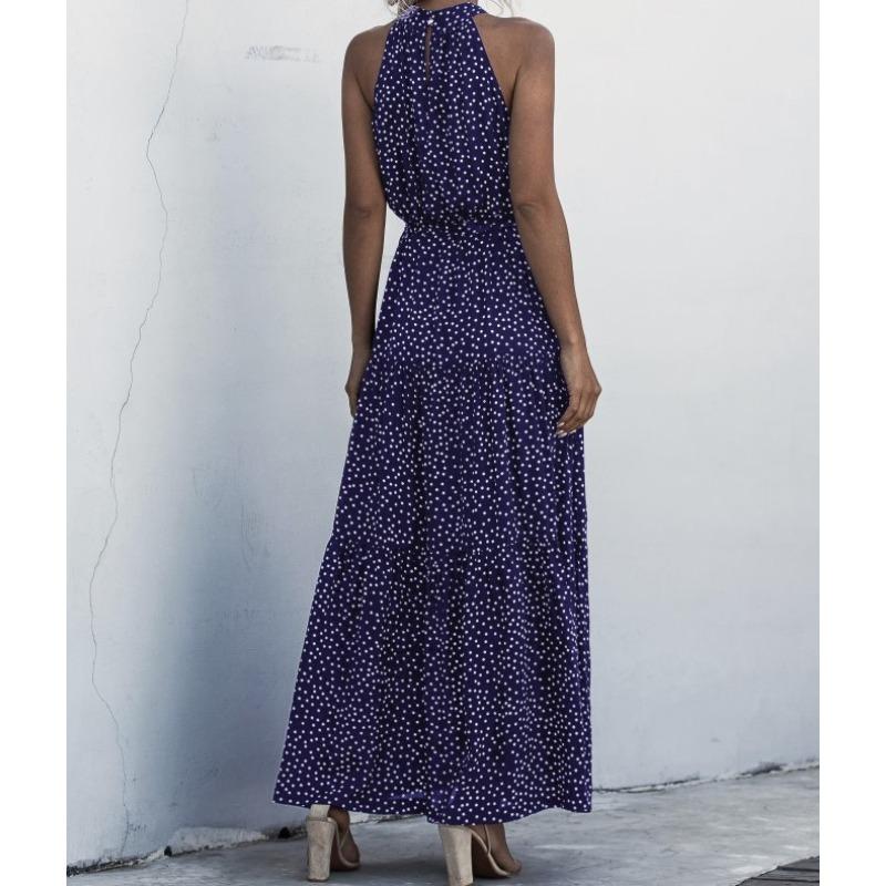 Summer Women's Dress Polka Dot Printed Long Dress Hanging Neck Tie Dresses