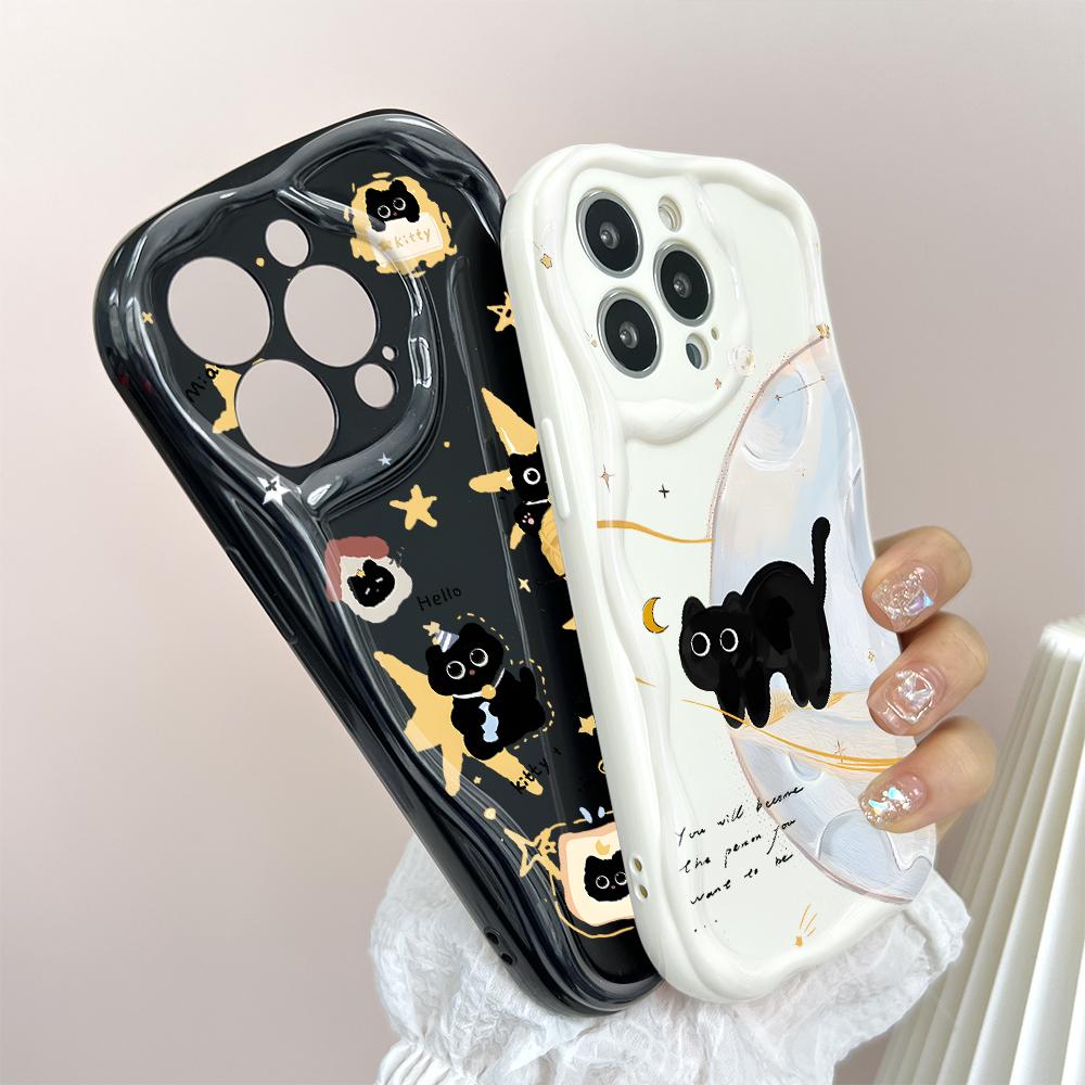 Для iPhone 16 15 14 13 12 Pro Max Samsung S24 Ultra S23 S22 Plus Redmi Note 13 Pro Мягкий волнистый край с рисунком милого кота на всю длину объектива защитный чехол