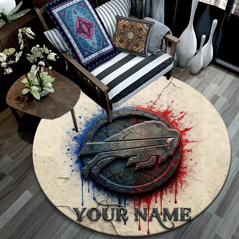 Custom Name Buffalo Bills Round Area Rug,Carpet Rug for Living Room Bedroom Sofa Playroom Decor,Non-slip Floor Mat