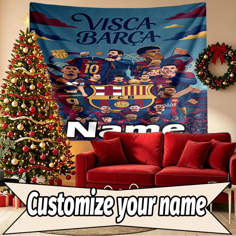 Custom Name Personalized Barcelona FC Soccer Print Tapestry, Wall Art Decor, Bedroom, Dorm, Apartment, LivingRoom, Party Backdrop, Gift for Birthday