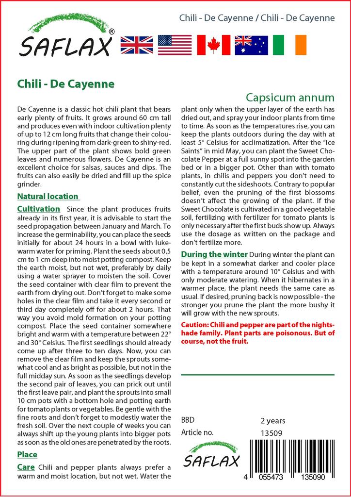 SAFLAX Garden in the Bag - Чили - Кайенский перец - 20 семян - С субстратом в подходящем пакете - Capsicum annum