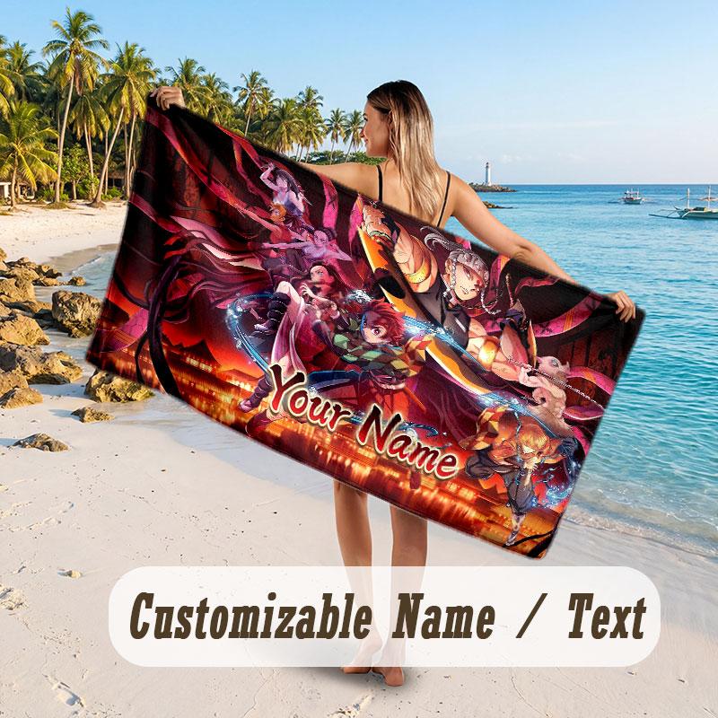 Custom Name Large Beach Towel,Demon Slayer Quick Absorbent Towel For Outdoor Travel Poolside