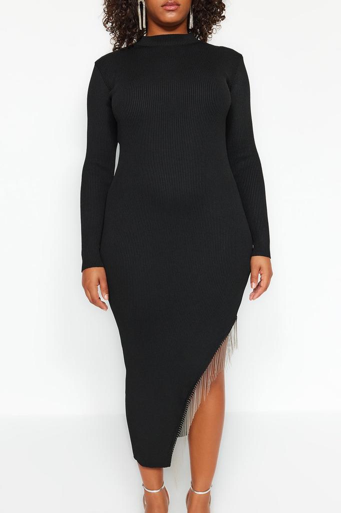 Women's Style Plus Size Asymmetrical Cut Knitwear Dress with Black Accessory Detail