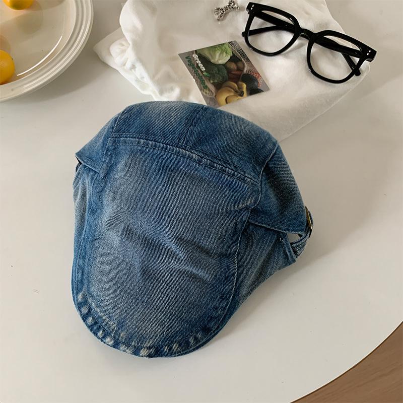 Retro Harajuku Style Washed Denim Forward Hat For Men And Women Spring Summer Casual Versatile Show Face Small Literary Berets