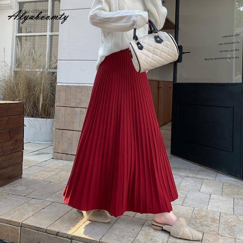 Юбка плиссе в корейском стиле для женщин на осень-зиму, с высокой талией, бежевая, черная, красная, вязаная, длинная, теплая, элегантная