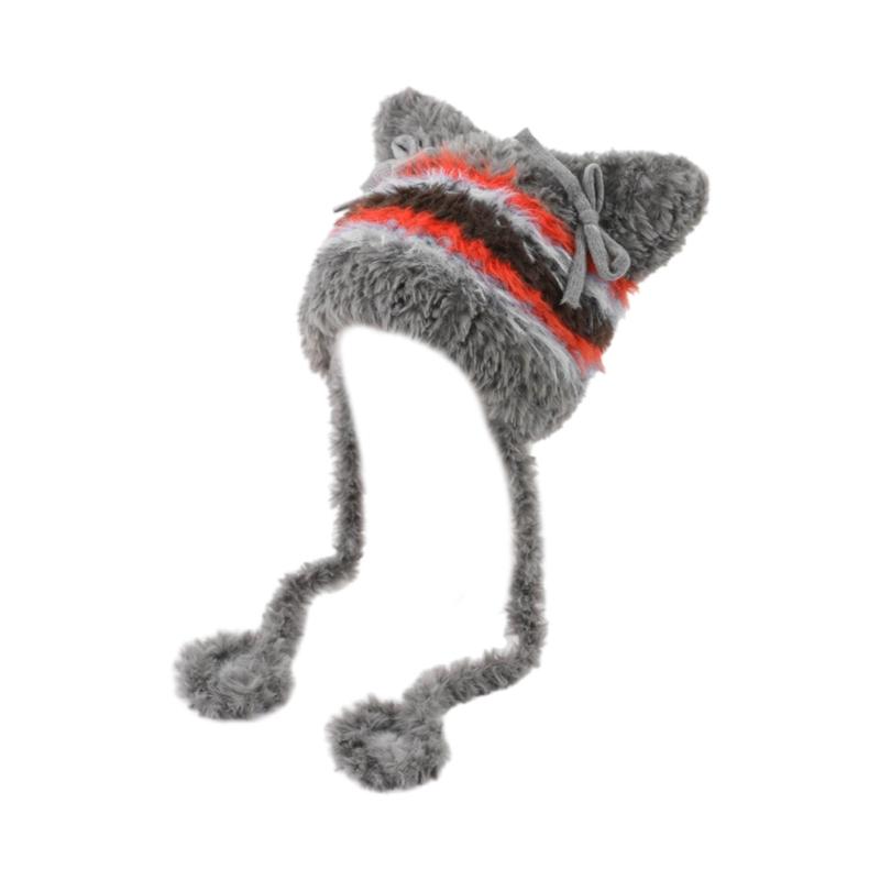 Furry Cartoon Head Cover with Ear for Outdoor Sports Striped Hat with Ear Oversized Headgear Hat for Winter