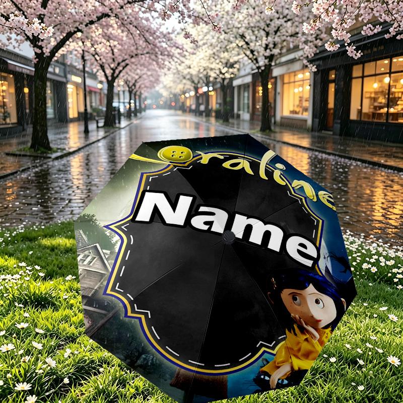 Custom Name Personalized Coraline Print Umbrella, Auto Open Close, 8‑Rib Sturdy Frame, Commute Camping Hiking Use, Birthday Gift