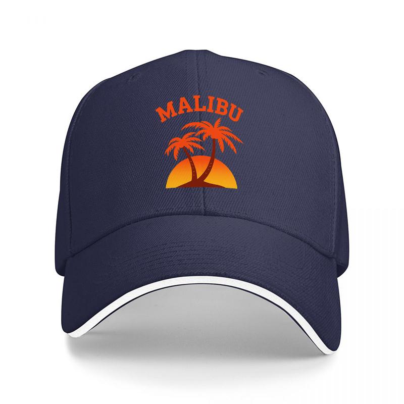 MALIBU SUNSET PALM TREE DESIGN BASEBALL CAP BLACK WITH ORANGE GRAPHIC PRINT CLASSIC FIT ADJUSTABLE HAT FOR Unisex AND Women