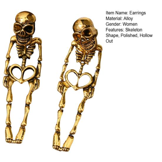 1 Pair Women Halloween Earrings Skeleton Shape Punk Exaggerated Polished Alloy Skull Jewelry Club Party Ear Jewelry