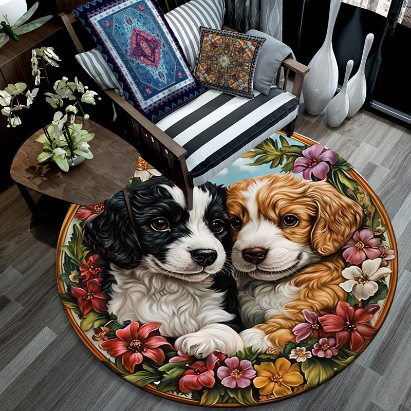 Two Cute Puppies Round Area Rug,Carpet Rug for Living Room Bedroom Sofa Playroom Decor,Non-slip Floor Mat