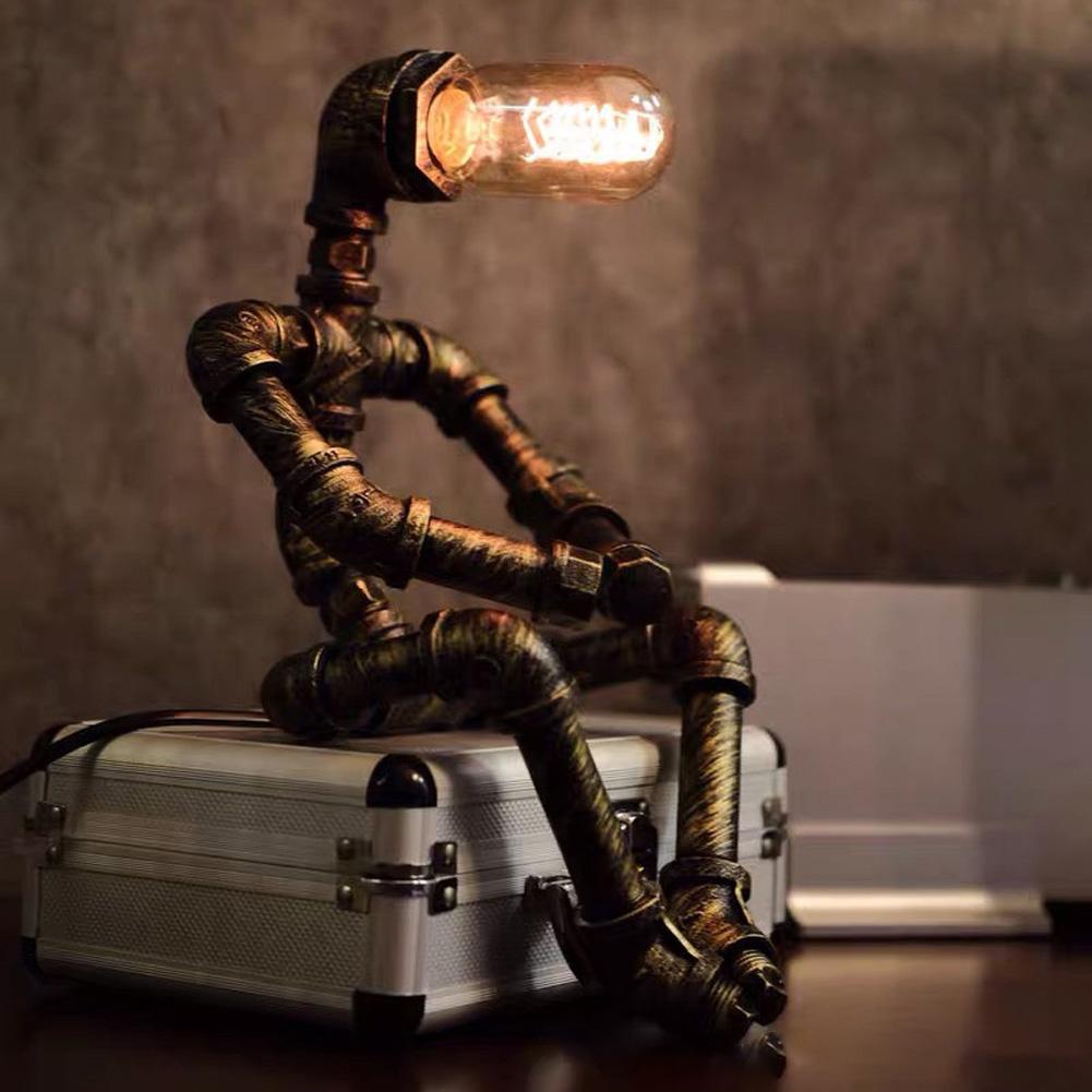 Steampunk Table Lamp, Retro Industrial Water Pipe Robot Desk Lamp With Button Switch, Light Bulb, Vintage Industrial For Nightstand Desktop Bar
