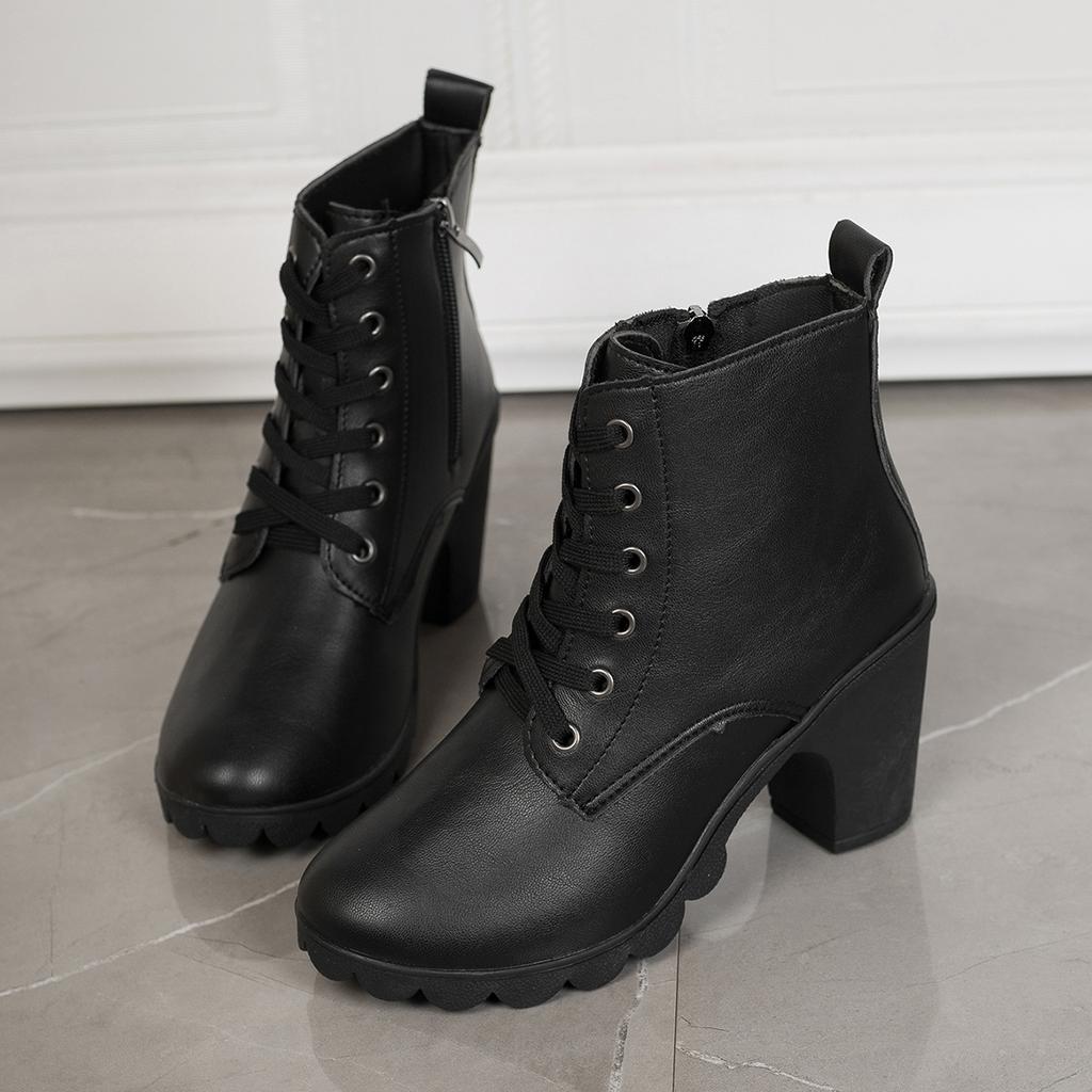 Весна/Зима 2025 Новые Женские Высококачественные Ботинки на Шнуровке Европейская Женская Обувь ПУ Высокие Каблуки