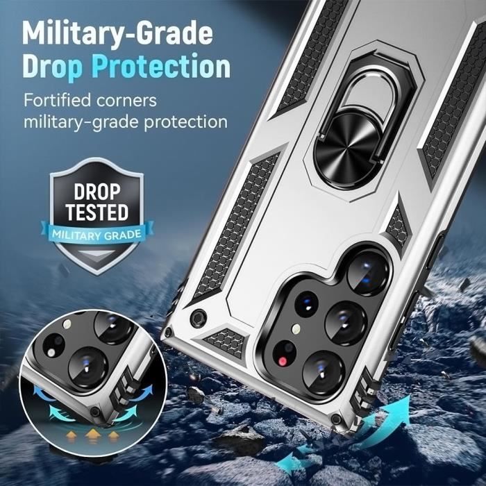 Coque de protection - Booling - pour Samsung Galaxy S24 Ultra - Rigide Antichoc - Argenté - Support Anneau