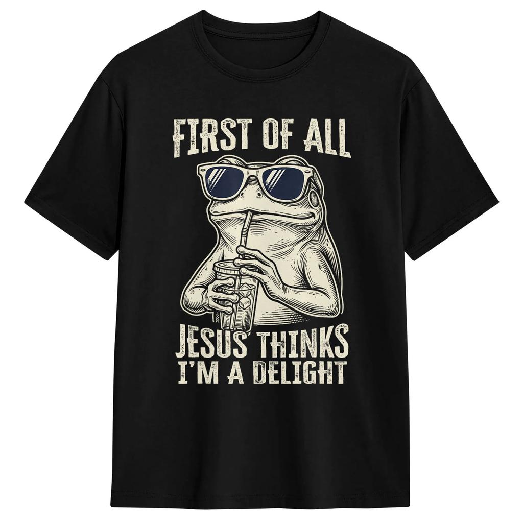 First Of All Jesus Thinks Im A Delight Vintage Frog Graphic Tshirt Summer Hipster T Shirts Cotton Comfortable Plus Size Tees