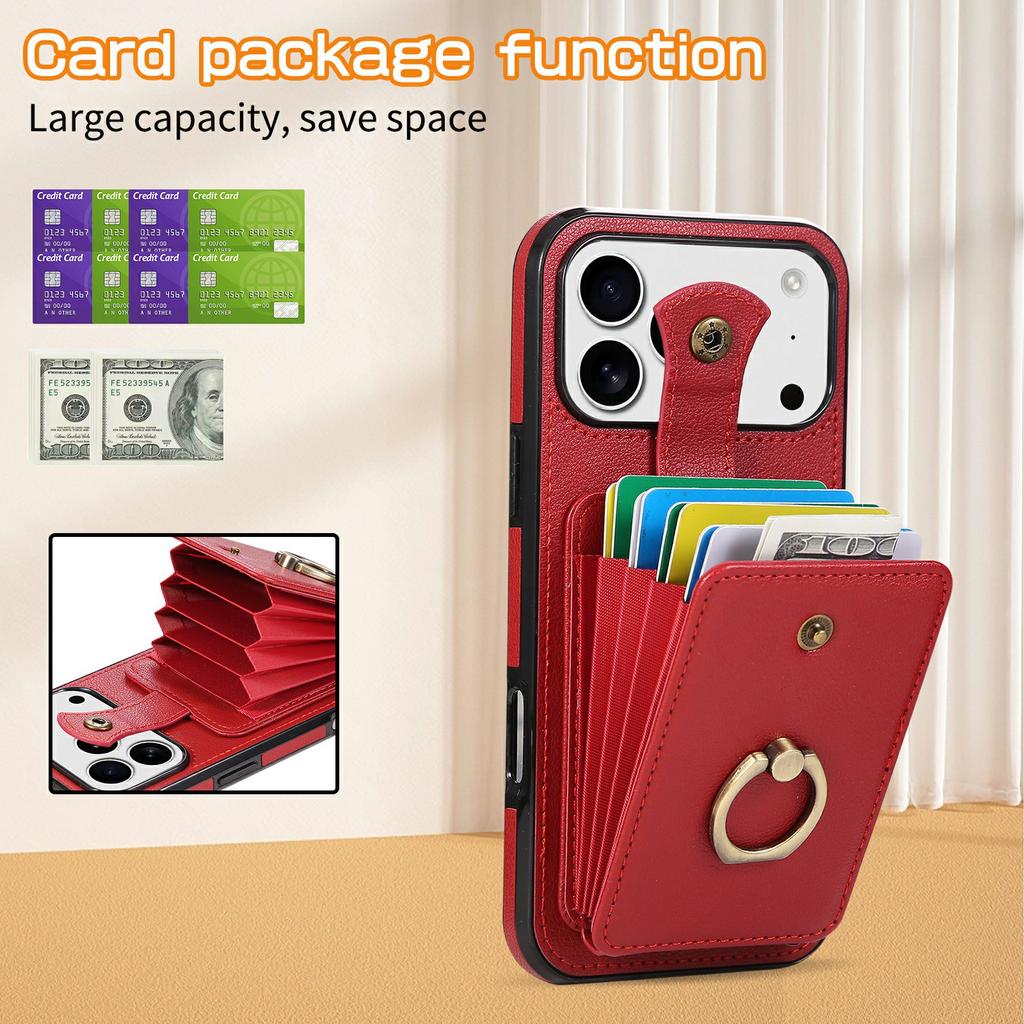 For iPhone 17 Pro Max Case Card Holder Ring Kickstand TPU+PU Leather Phone Cover with Long Strap
