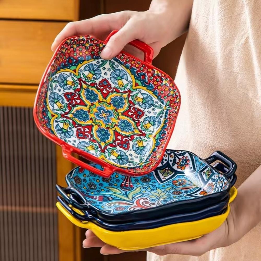 1 Piece of 9-inch Bohemian Style Salad Plate with Double Ear Ceramic Pasta Dish, Can Be Used for Oven, Microwave