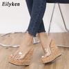 Elegant Open Toe PVC Transparent Wood Grain Wedge Woman Slippers Fashion Ladies Outdoor Beach High Heel Slide Shoes