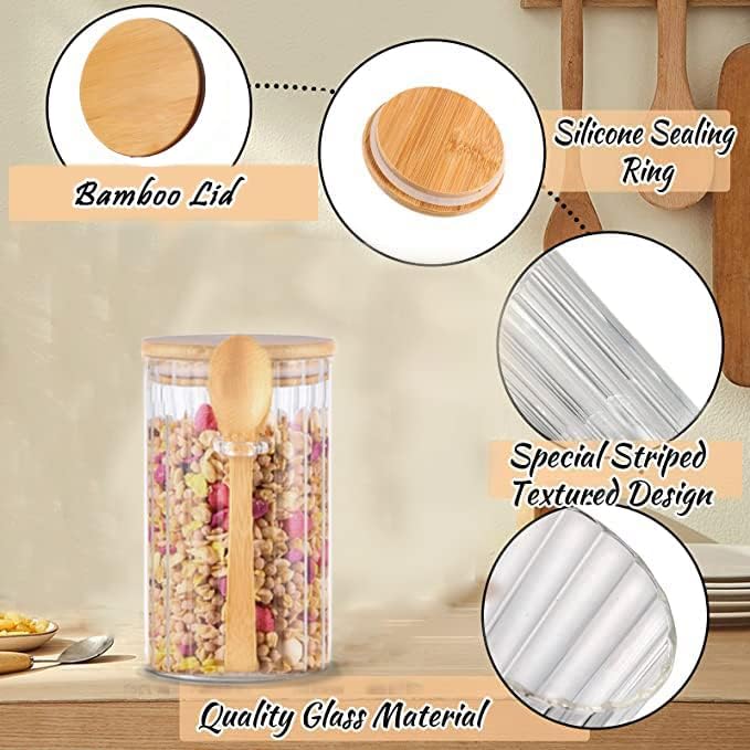 Steviieden 24 FL OZ Airtight Glass Jar with Bamboo Spoons Lids Overnight Oats Container Decorative Coffee Bar Food Storage Jar Cereal Nuts Salts