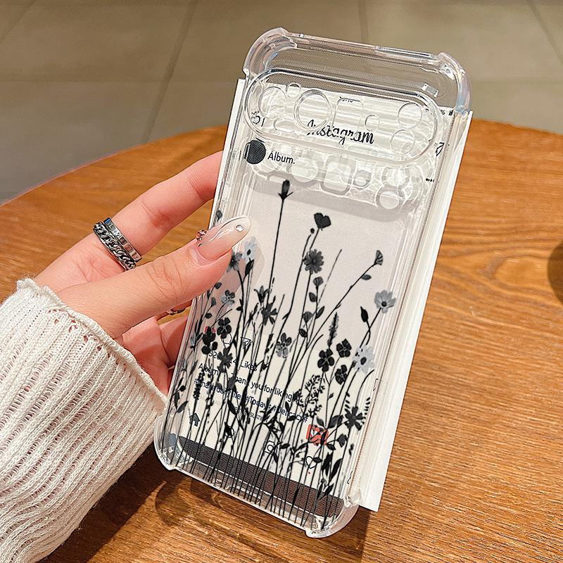 Black Floral Printed Clear TPU Phone Case For Google Pixel 9 Pro Pixel 9 Pro XL Soft Silicone Back Cover For Google Pixel 9A