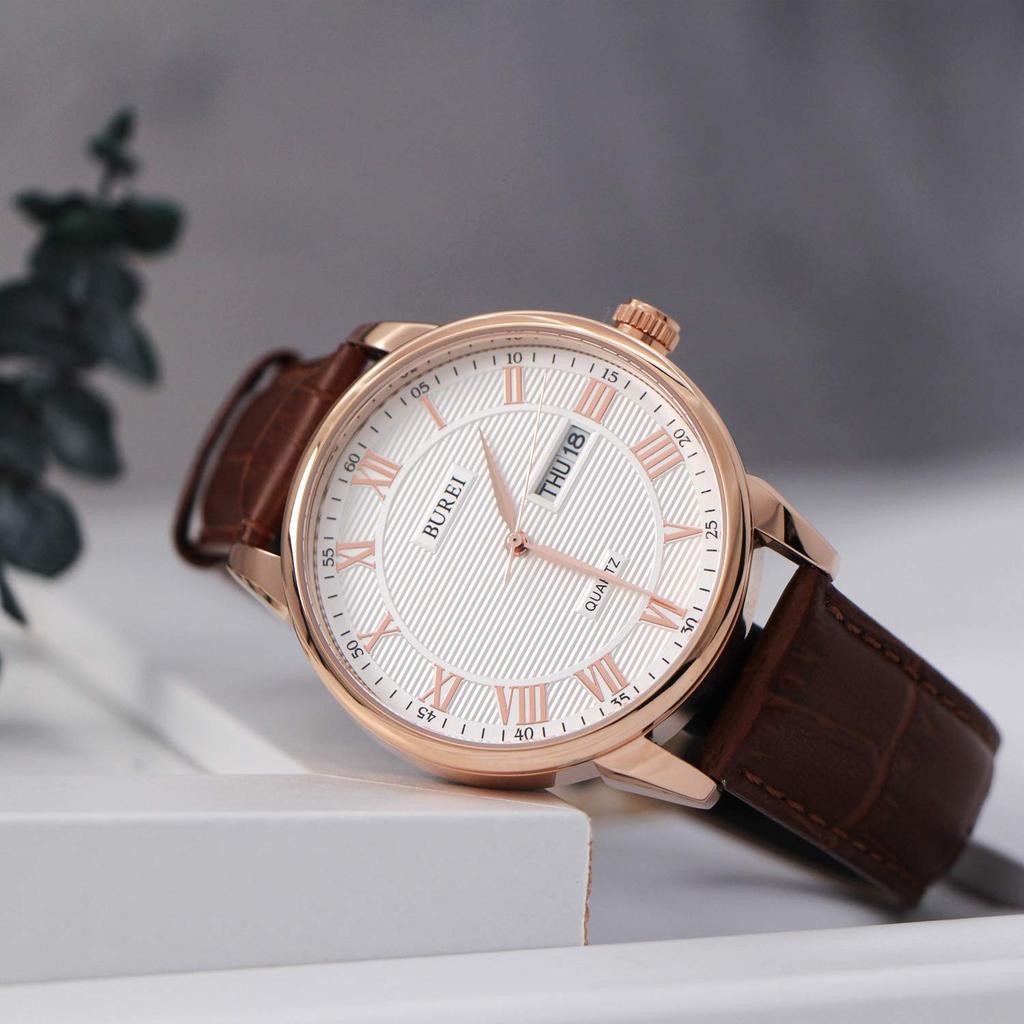 Стильные простые популярные водонепроницаемые аналоговые римские цифры наручные часы брендовые деловые тонкие кварцевые часы с кожаным ремешком розовое золото черные [BUREI] мужские -