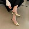 Мода Модные женские босоножки с острым носком Летние туфли на тонком высоком каблуке Черные Серебряные Золотые эластичные черные Золотые Серебряные ремешки сзади 39