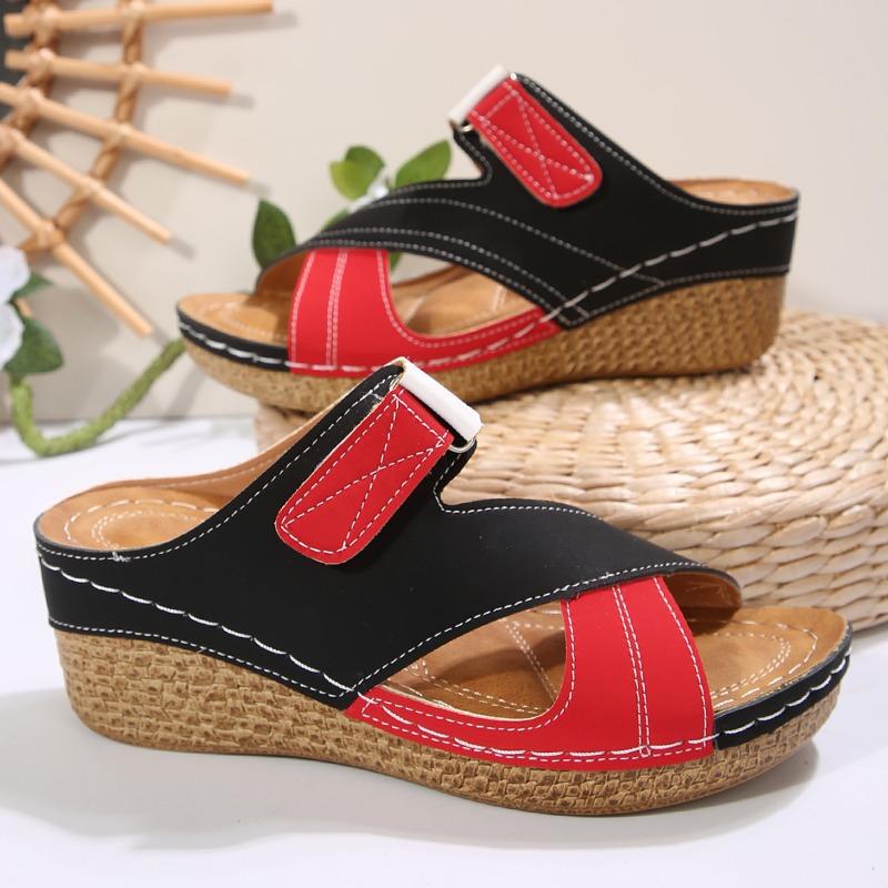 Velcro color matching platform slippers women's sewing line light slope heel beach cool slippers