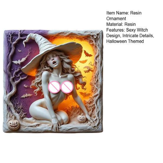 Halloween Witch Decoration Resin Sexy Witch Art Slate Tabletop Witch Sculpture with Pumpkin Bat And Spooky Trees for Home Desk Mantel Cabinet