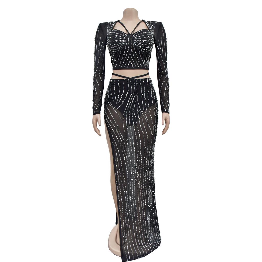 Evening Dress Fashion Women's Evening Gown Solid Colour Mesh Hot Drilling Long Sleeve Long Dress Set