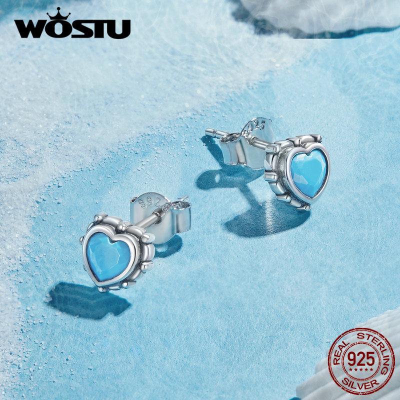 WOSTU Серьги-гвоздики в форме сердца из стерлингового серебра 925 пробы, синие бирюзовые мини-серьги Love для женщин, оригинальный дизайн, ювелирные изделия