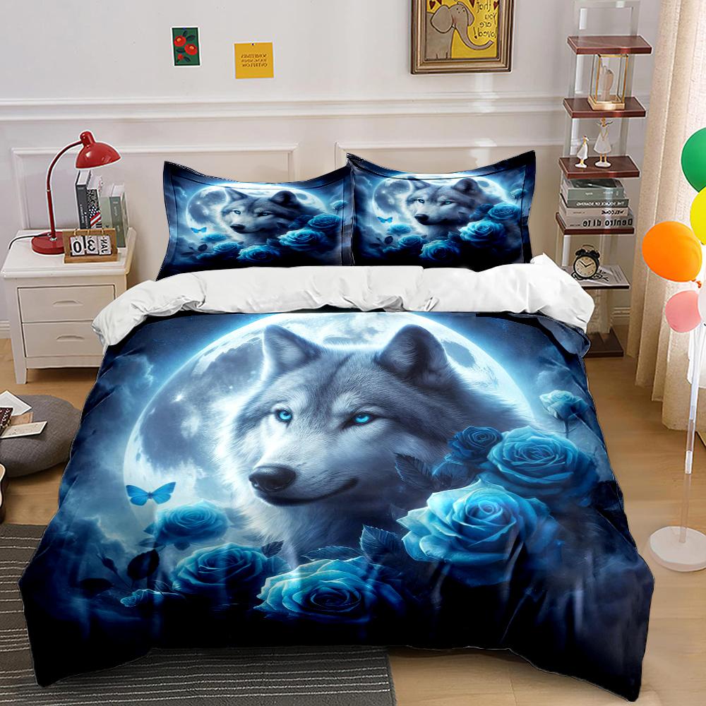 Wolf and Rose Print Bedding Set Sports Enthusiast Duvet Cover 1 Duvet Cover 2 Pillowcases Adult and Children Bedding Set Luxury