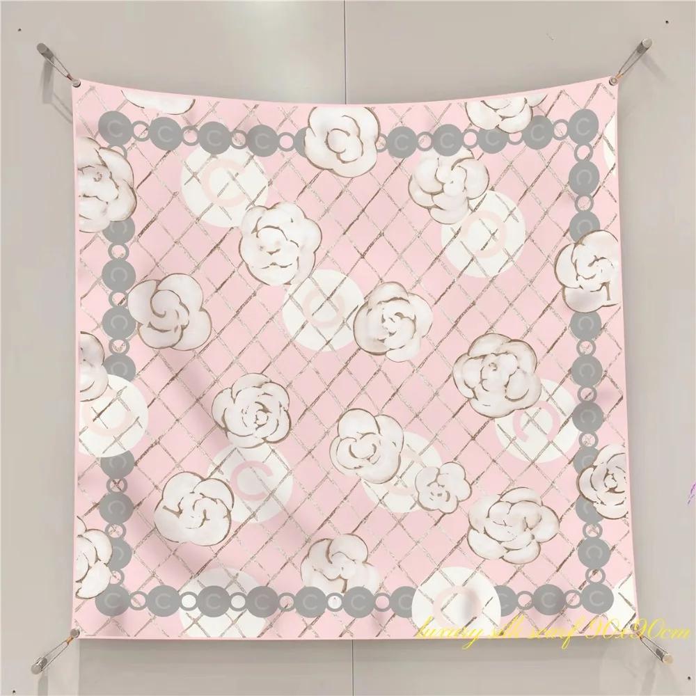 French 90cm New Rose Twill Silk Women's Travel Sunscreen Shawl Large Square Scarf Headscarf Scarf Scarf Scarf Women Luxury