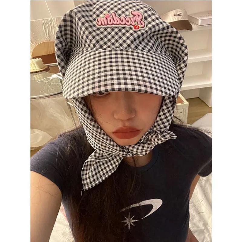 Мятно-зеленые клетчатые шапки-косынки с ремешком для женщин, летние солнцезащитные шапки для путешествий, универсальные модные солнцезащитные шляпы с наклейками