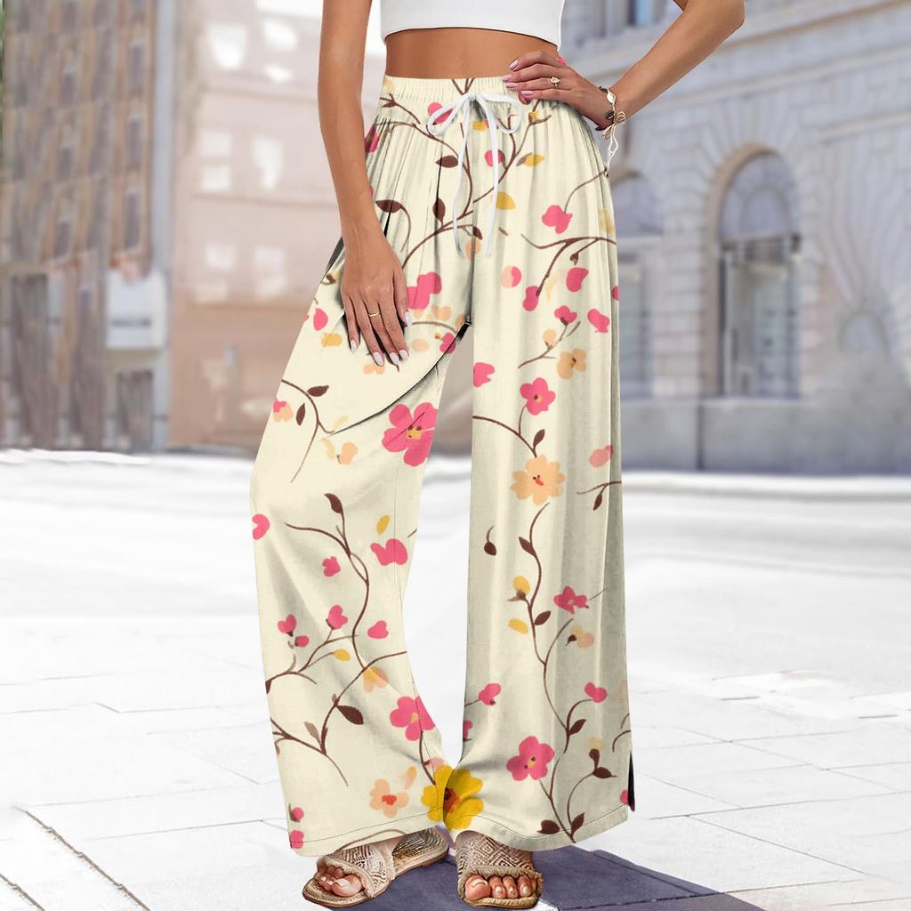Женские брюки с принтом и широкими штанинами, с карманами, с высокой талией, на кулиске, свободные, повседневные