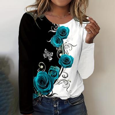 Женская повседневная футболка с круглым вырезом и принтом черно-белой розы, футболка с длинным рукавом, свободная одежда, женская домашняя одежда, модный принт