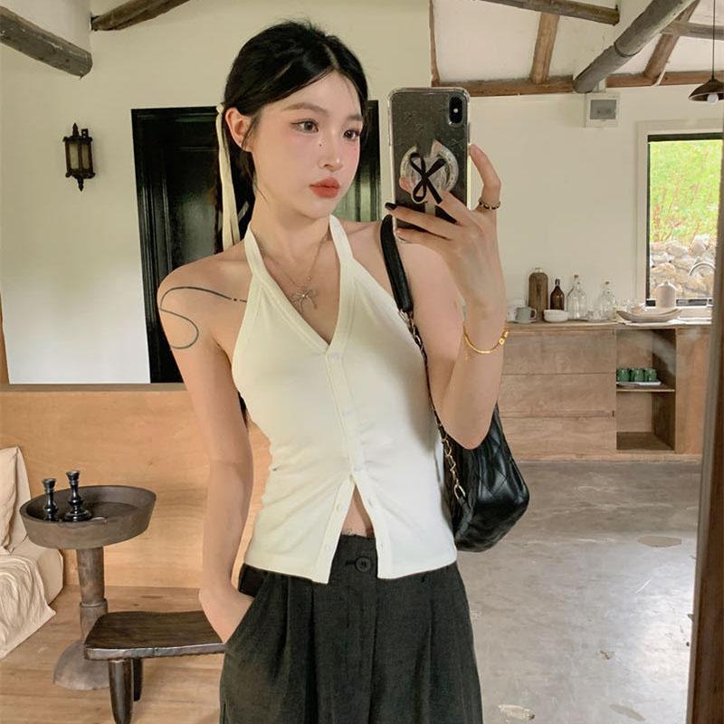 Женский летний однотонный топ без рукавов с открытой талией и лямками