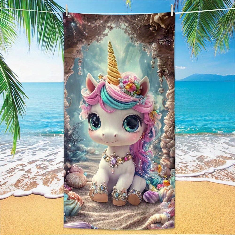 One Piece of an Oversized Unicorn Beach Towel Made from Soft Microfiber, Ideal for Travel. This Quick-Drying Pool Towel Is Sand
