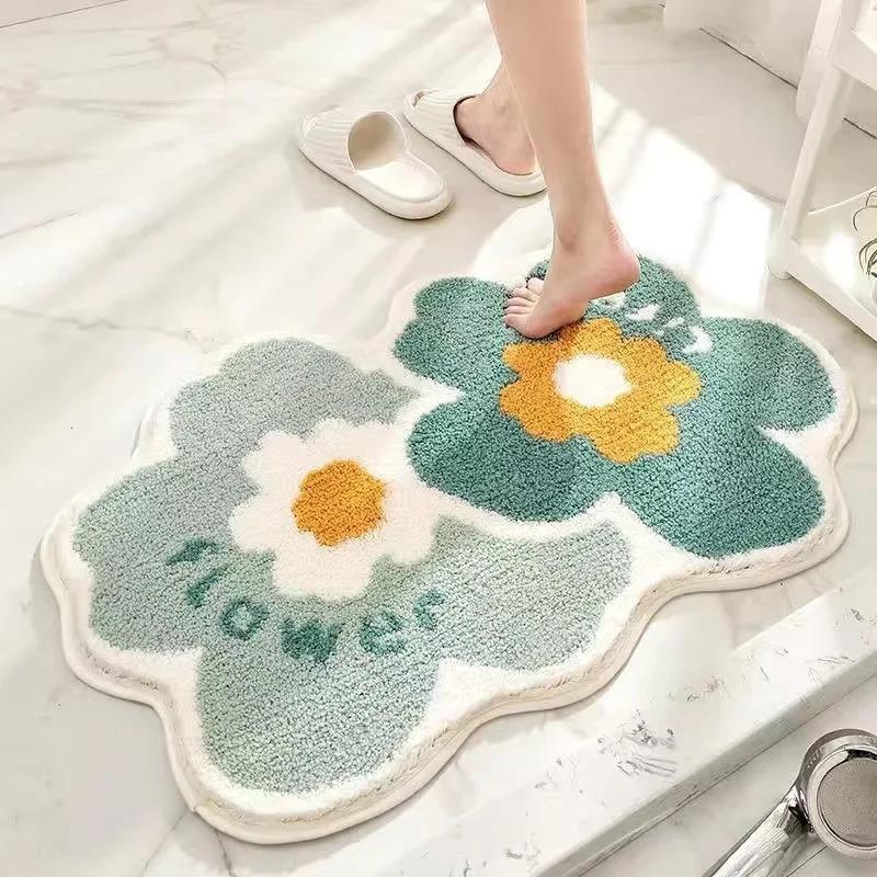 VIKAMA | Fresh Floral Imitation Cashmere Rug - Non-Slip, Absorbent Bathroom Mat/Living Room Doormat/Multi-Purpose Foot Mat