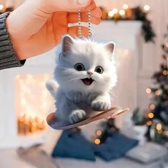 Kitten Pattern 2D Acrylic Ornament Christmas Car Mirror Hanging Decoration Backpack Auto Accessory Car Decoration